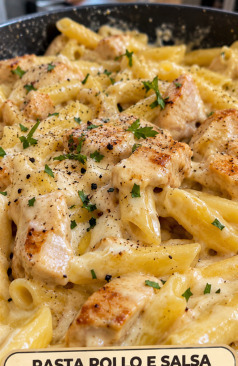 Pasta al pollo con salsa Alfredo cremosa servita in un piatto fondo bianco, spolverata di parmigiano grattugiato e prezzemolo fresco